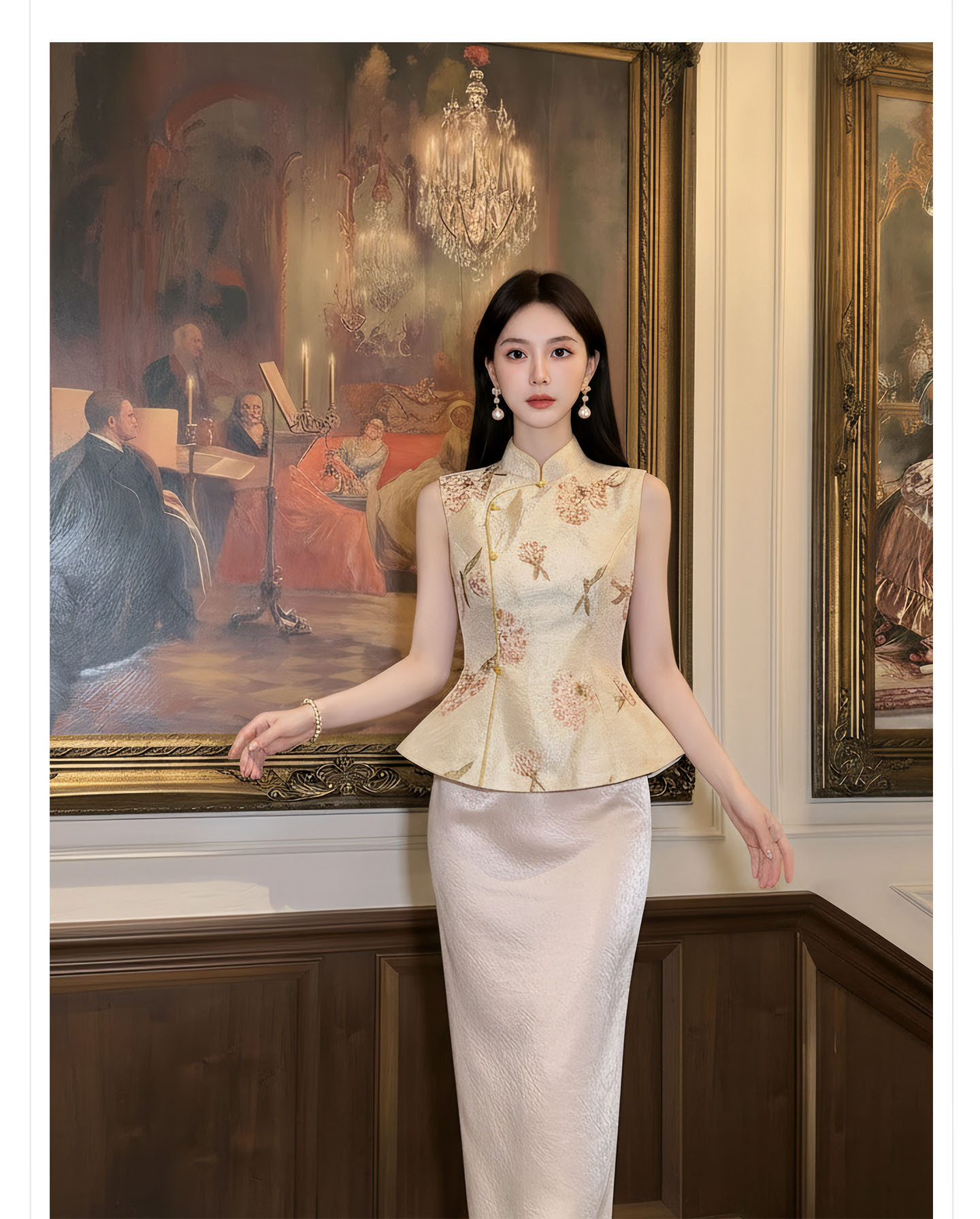 Bộ váy nữ phong cách Trung Hoa mới gồm áo choàng vai, áo khoác gile và chân váy nửa dài, họa tiết thêu hoa văn, tua rua — Mây vai, Trang chủ, Champagne màu nửa váy chi tiết 13