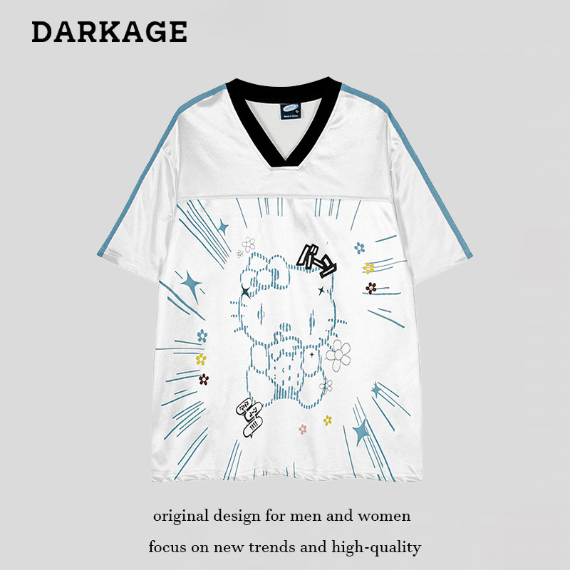 American-Style Cute Hello Kitty Three-Stripe V-Neck Short-Sleeve T-Shirt for Women, New Summer Loose Satin Jersey Top