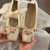 French thick heels Mary Zhen shoes Gentle French female 2024 new summer square head shallow ballet single shoes