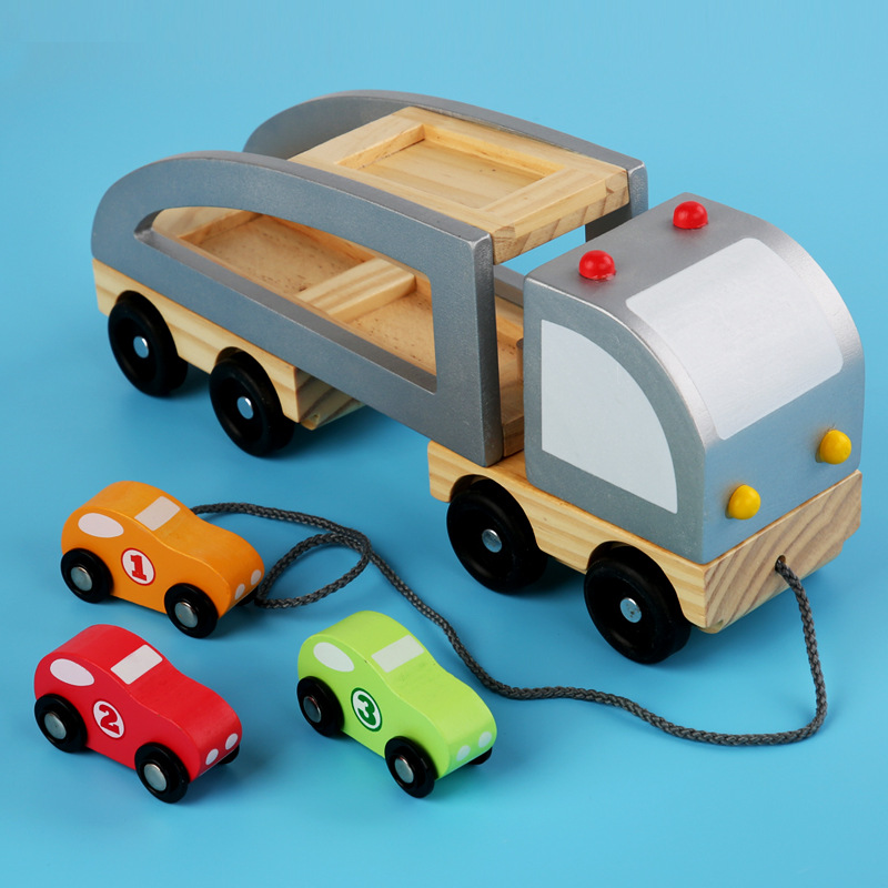 Children's Wooden Double-Decker Transport Truck Tool Truck Animal Transport Truck Model Early Education Puzzle Fire Excavator Play
