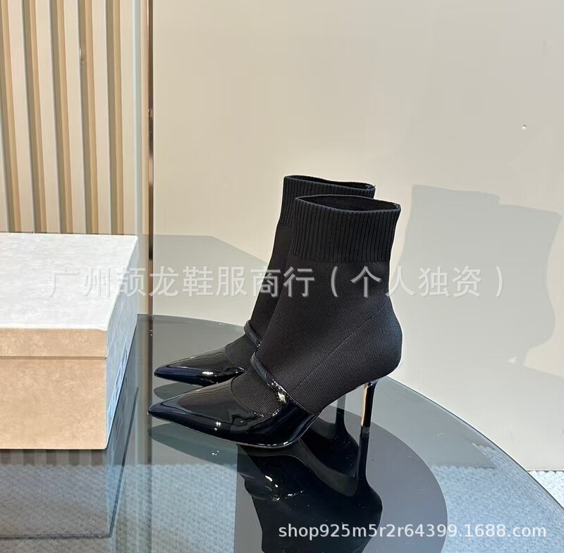 高端2025秋冬真皮尖头拼色细跟针织弹力高跟短靴瘦瘦靴时装单靴女|undefined