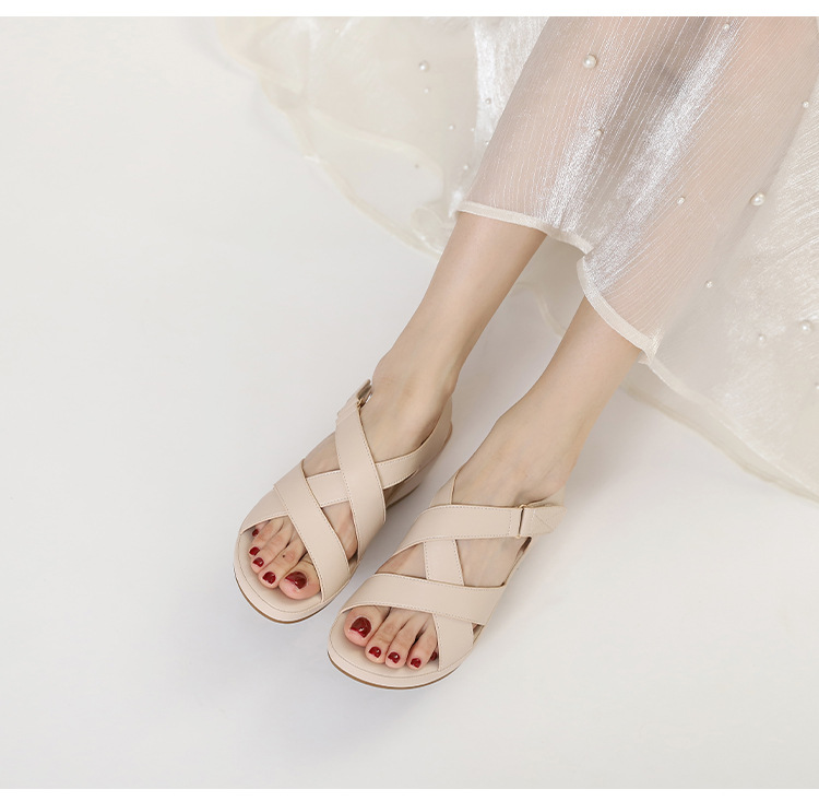 Commuting Wedge Sandals With Cross Straps, Open Toe, Comfortable High Heels, Convenient Velcro Closure, Bohemian Women's_desvips.com