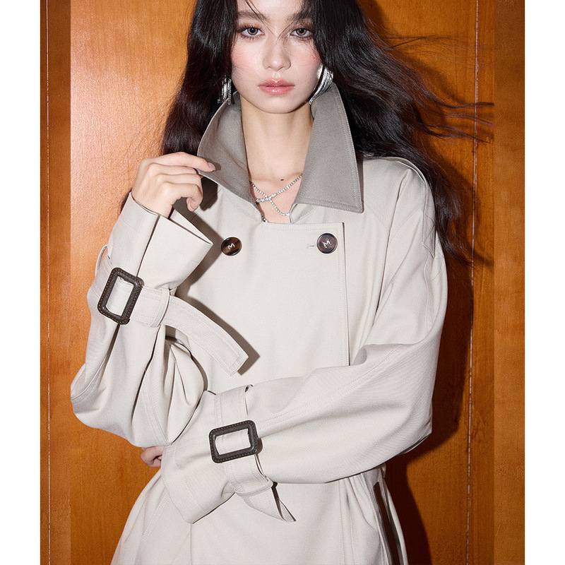 【Shengdu】26 Spring New Classic Modern Retro British Style Versatile Color-Block Mid-Length Loose Trench Coat for Women