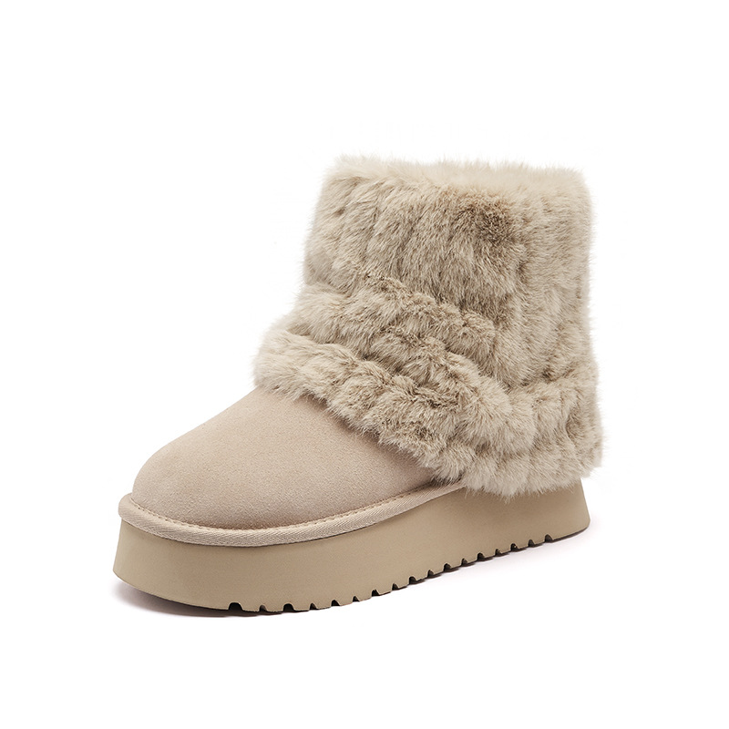 Botas de nieve de lana de león antiguo de invierno de mujer 2025 nuevas botas cortas de lana gruesas con pantalones de tubo medio grueso zapatos de algodón con suela gruesa