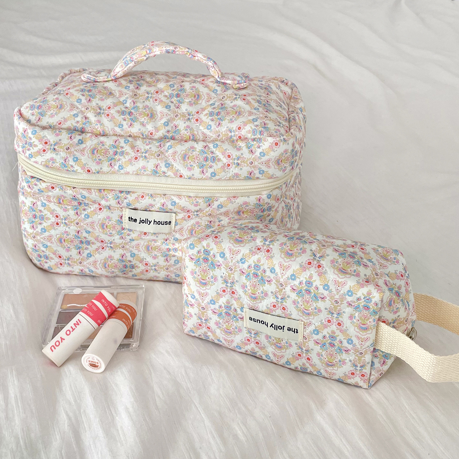 Square Shape Cute Classic Style Ditsy Floral Polyester Sewing Thread Square Makeup Bags