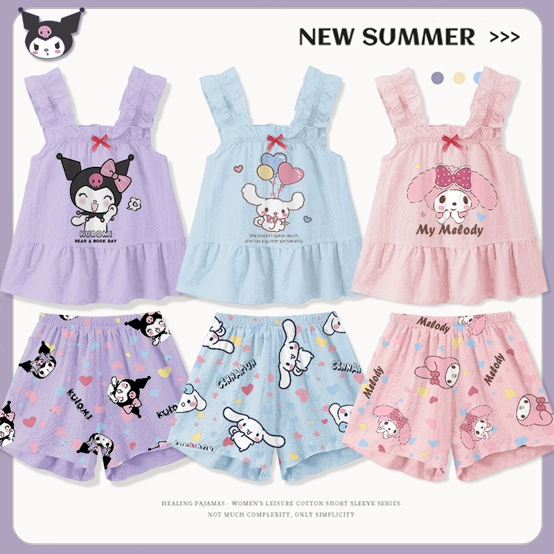 Bibbed Camisole Bodysuit with Butterfly Bow Pajamas for Girls, Printed Princess Children's Summer Thin Sleeveless Homecoming Set