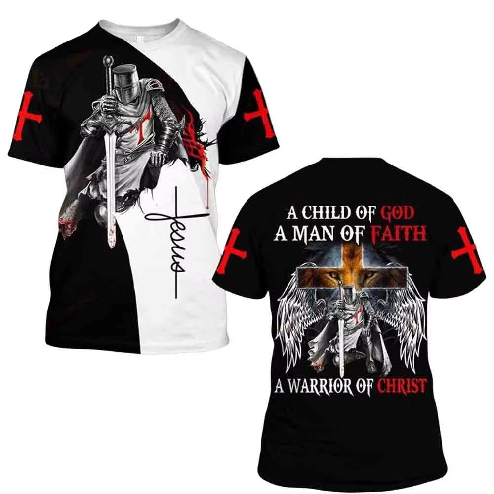 Camiseta transpirable de hombre transpirable de hombro de manga corta de cuello redondo casual con estampado 3D de guerrero de la Cruz Roja transfronteriza europea y americana