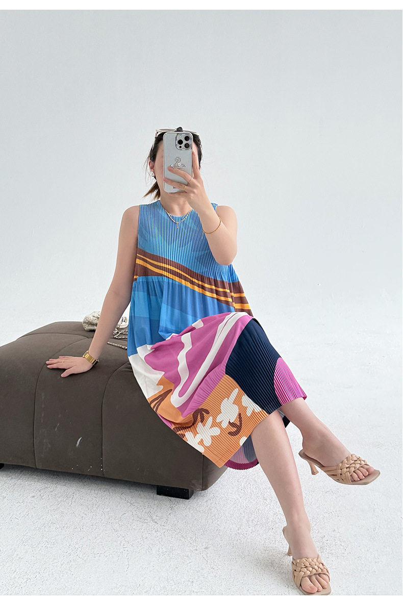 Váy liền không tay in hoa xếp nếp dáng suông mùa hè — Màu xanh ngọc chi tiết 11