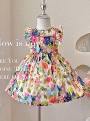 女童連衣裙夏裝2023新款油畫碎花裙小女孩飛飛袖洋氣中小童公主裙