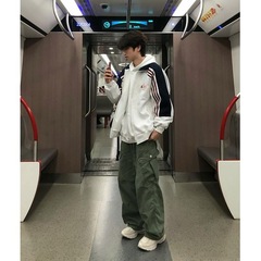 vintage高街创意字母印花开衫卫衣男痞帅百搭白灰拼藏青立领外套