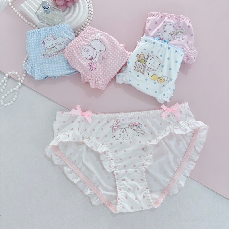 50629S Japanese Lolita Style Panties for Girls, Cute Cartoon Cat Print, Polka Dot, Mid-Low Waist Briefs for Women 50629S Japanese Lolita Style Panties for Girls, Cute Cartoon Cat Print, Polka Dot, Mid-Low Waist Briefs for Women
