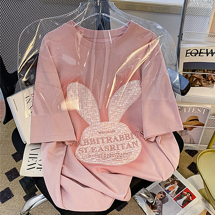 韩国东大门时尚卡通刺绣纯棉短袖T恤女夏季中长款宽松慵懒风上衣