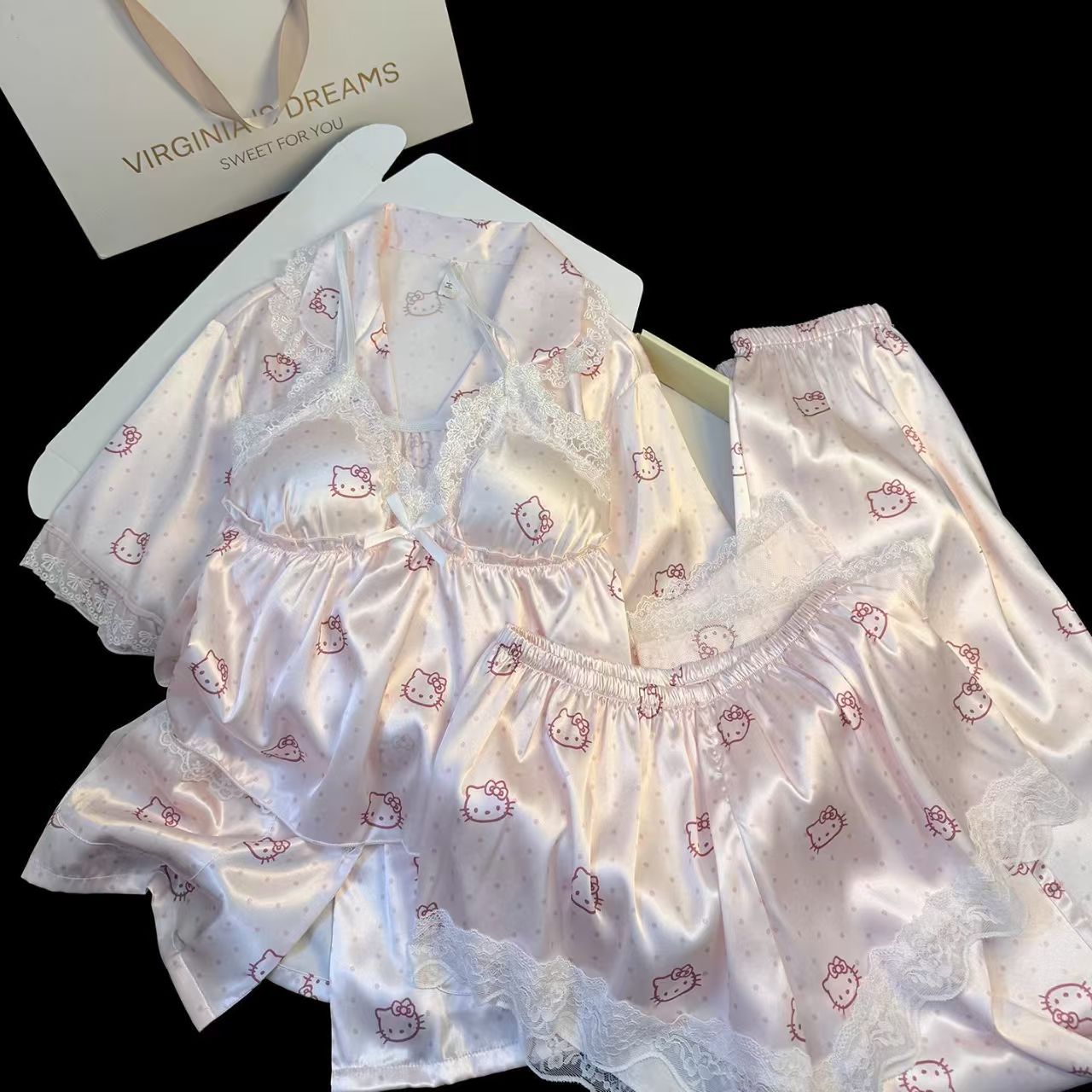 Summer New Style Kitty Sweet and Cute Casual Girly Style Ice Silk Polka Dot Short Home Wear Four-Piece Set