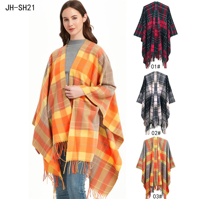 Unisex Spring fall women's cape double-sided plaid split acrylic cape_voghion.com