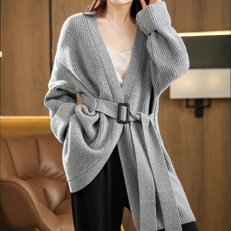 Mid-Length Belted Foreign Trade Sweater Cardigan European and American Style V-Neck Solid Color Knit Cardigan Autumn and Winter Loose Mid-Length Belted Foreign Trade Sweater Cardigan European and American Style V-Neck Solid Color Knit Cardigan Autumn and Winter Loose
