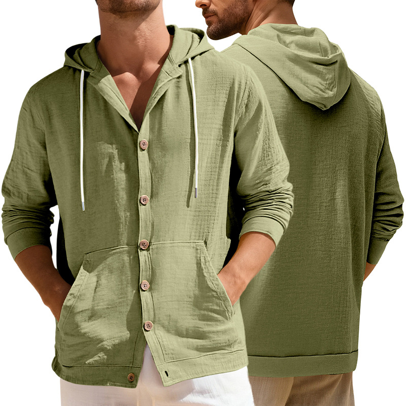 Camicia da uomo con bottoni, modello ampio, in cotone e lino, stile europeo-americano, per primavera e autunno, casual, da spiaggia._voghion.com