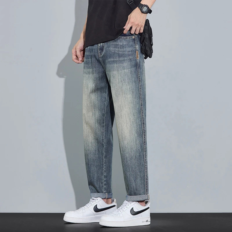 Men's Tapered Jeans 2026 Summer New Slim Fit Straight Versatile Retro Casual Cropped Pants