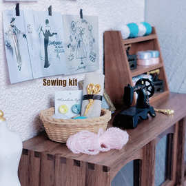 微缩怀旧裁缝店服装铺娃娃屋配件迷你纽扣毛线球套装收纳篮 H108