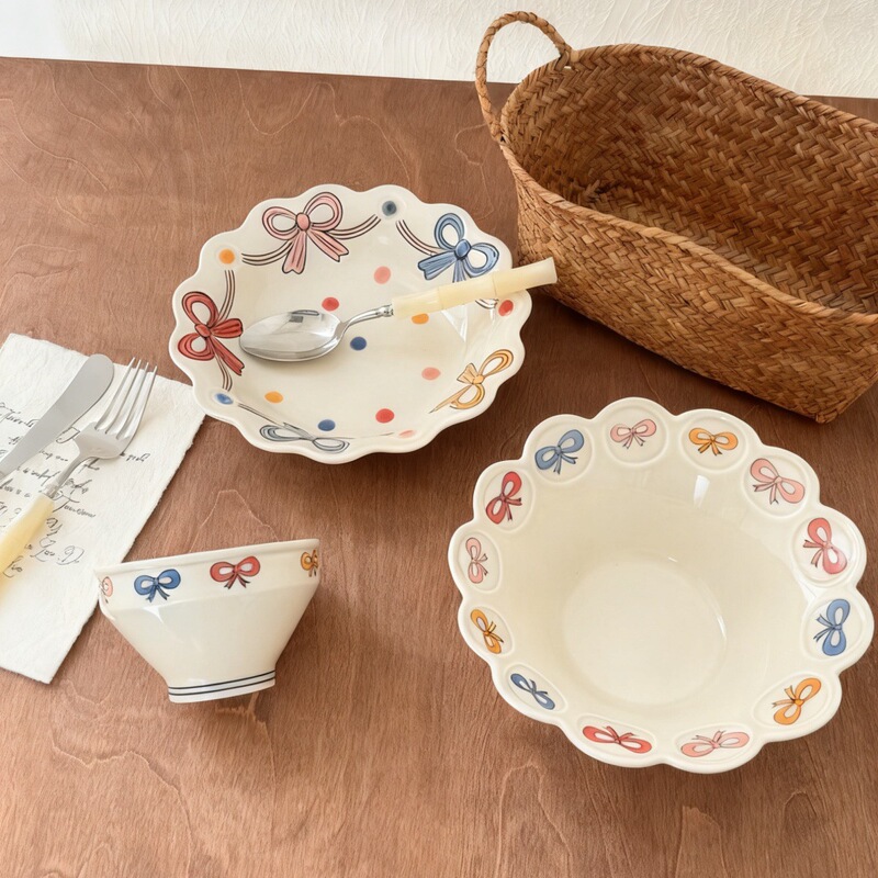 Japanese Retro Bow Flower Dinner Plate High-Value Underglaze Color Ceramic Tableware Set Household Rice Bowl Soup Plate