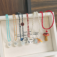 波米西亚彩色编绳叠戴风挂脖项链复古珍珠串珠锁骨链毛衣链配饰女