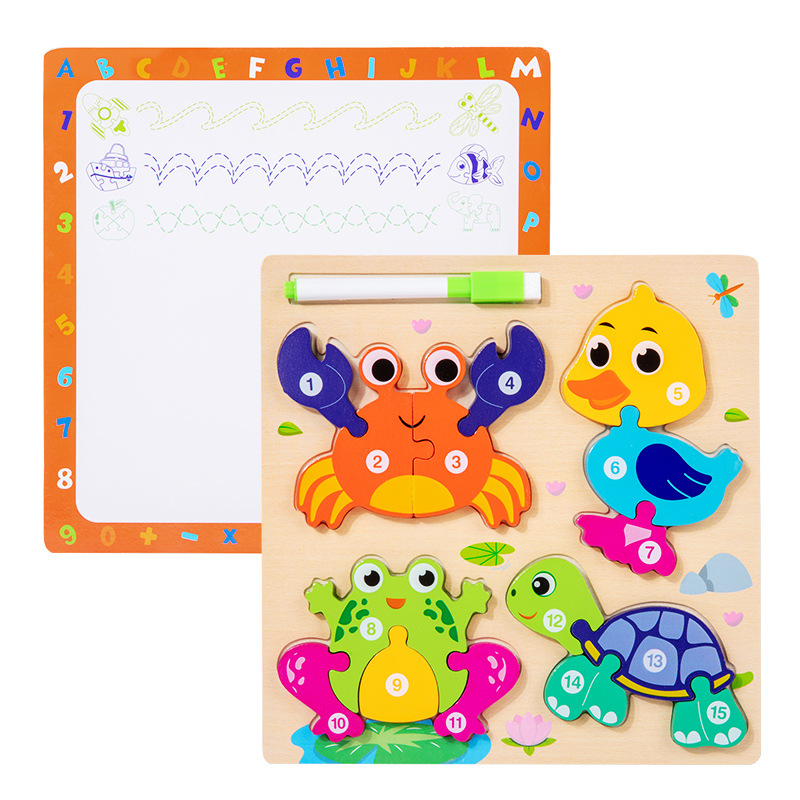 Tablero de rompecabezas de animales hecho a mano para bebés y niños, juguete de regalo de forma de rompecabezas cuatro en uno, madera de rompecabezas de educación temprana Montessori