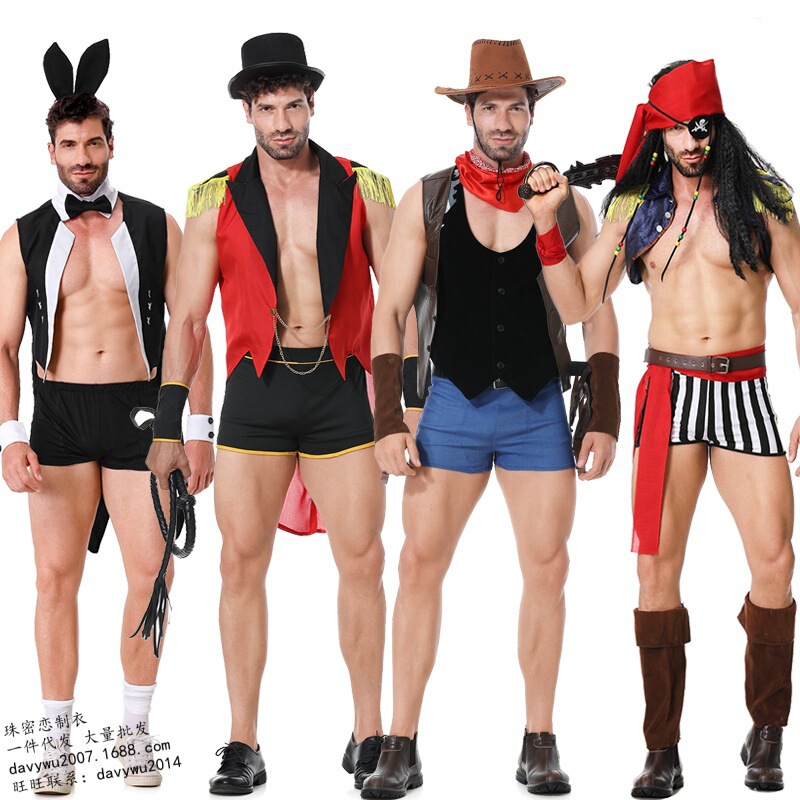 New Male Galle Pirate Knight Roman Taming Western Denim Rabbit Black Male cosplay suit
