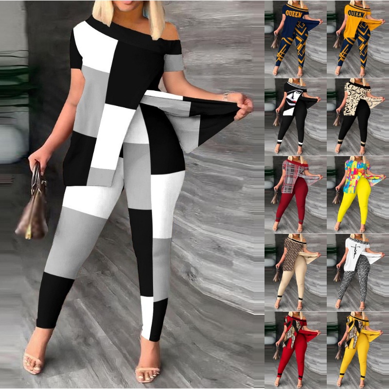 2024 Autumn European and American Cross-Border Women's Clothing Amazon Aliexpress Diagonal Collar Pants Two-Piece Set Fashion Printed Suit for Women