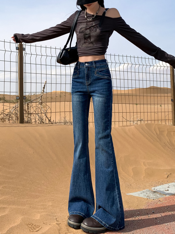 高腰设计感修身微喇牛仔裤女春秋季新款显瘦显腿长弹力长裤子|undefined