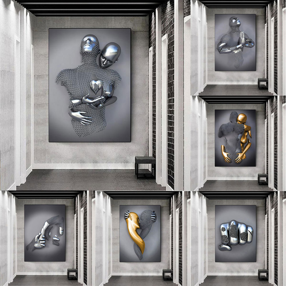 Metal Figure Sculpture Abstract Canvas Painting Couple Embracing Hanging Painting Living Room Bedroom Spray-Painted Decorative Painting Core Mural