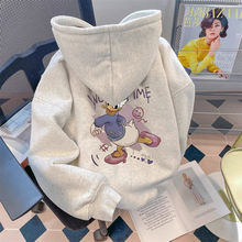 灰色韩版慵懒风唐老鸭印花卫衣女宽松秋冬季加绒加厚潮牌连帽外套