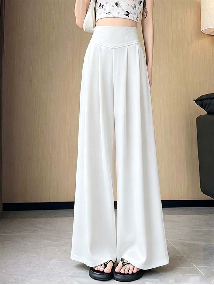Pantalones de traje gris de alta calidad para mujeres de verano delgados pantalones de piernas anchas abdominales de cintura alta colgante sensación suelta de toallas casuales
