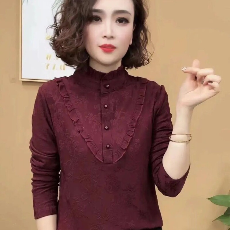 2025 New Style Warm Jacquard Ruffle Trim Base Shirt for Autumn and Winter, Fleece-Lined, Fashionable and Youthful, Suitable for Mothers