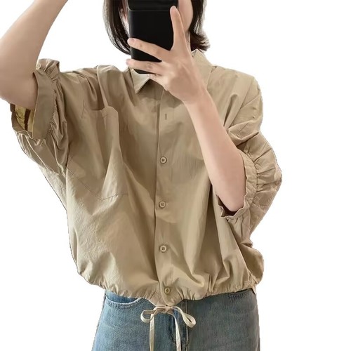 Simple and Stylish Versatile Trendy Personalized Top 2025 Summer New Loose Unique Drawstring Shirt