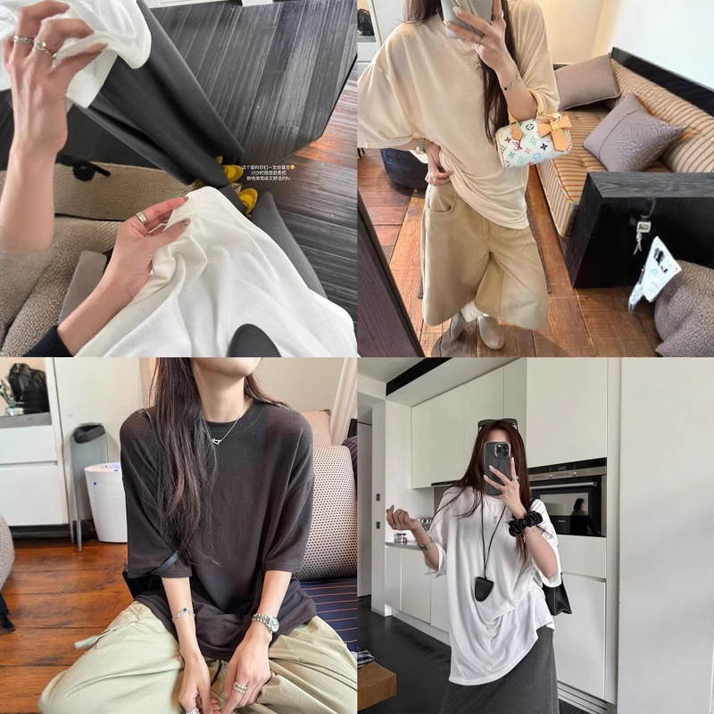 Wawa ミルクシェイク風ソリッドカラーレイジールーズラウンドネックミッドスリーブ半袖ラージ Tシャツトップ女性のための 2025 夏の新スタイル|undefined