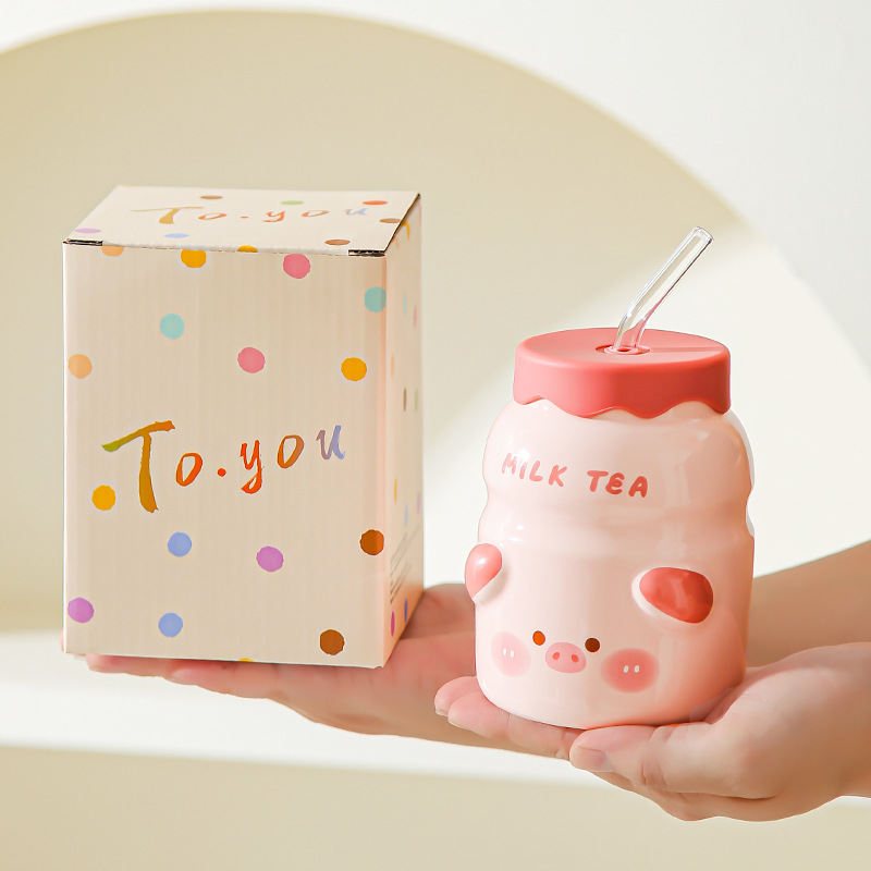 Taza de paja de cerámica creativa con tapa de verano, taza de agua indispensable, taza de jugo doméstica, taza de bebida fría