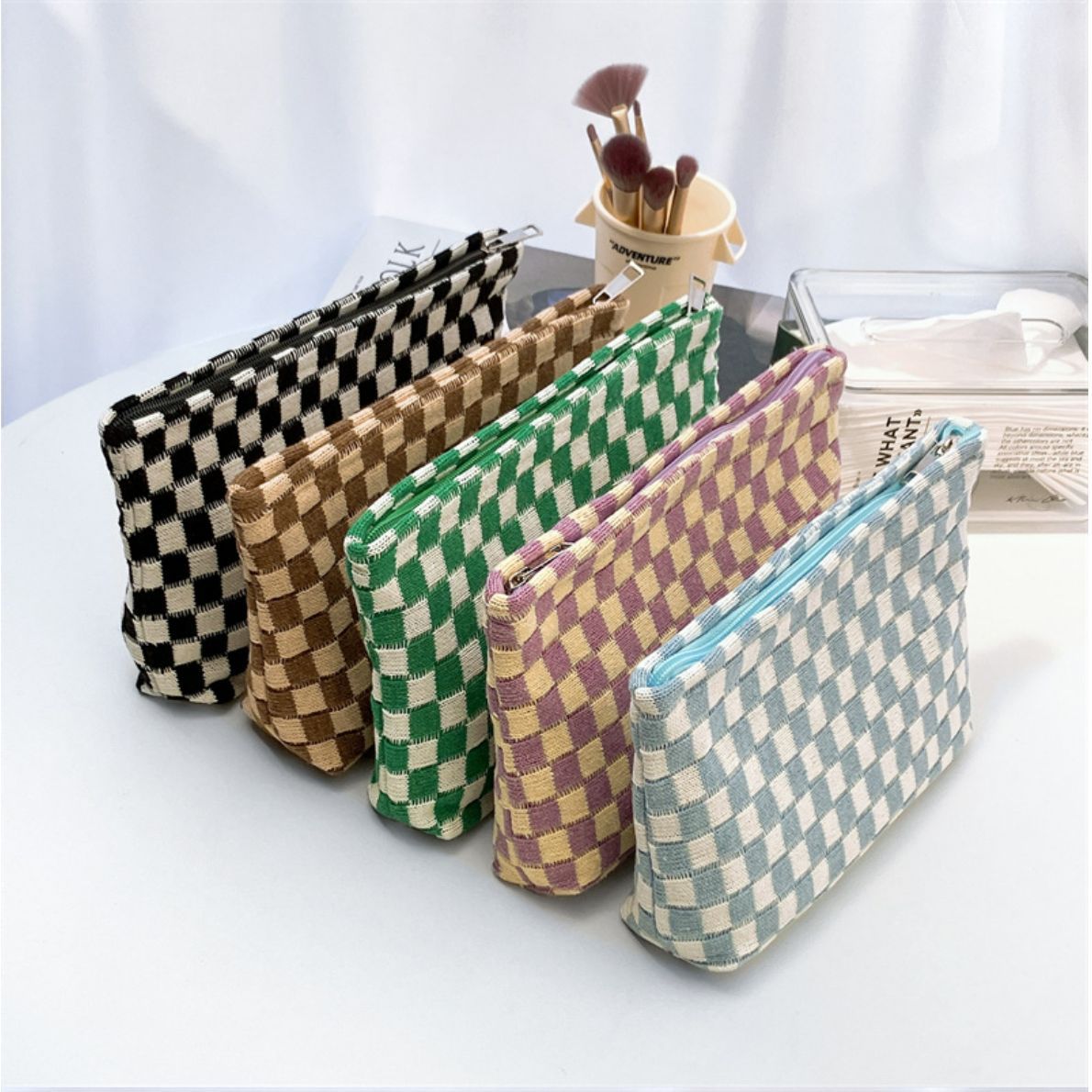 Basic Plaid Knit Square Makeup Bags display picture 1