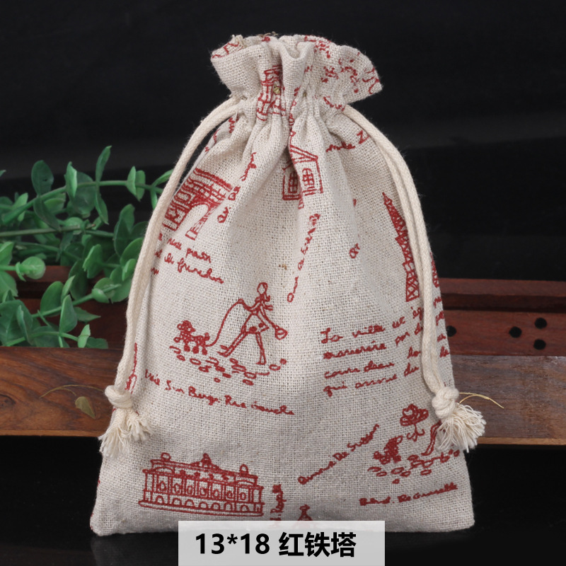Ventas calientes de impresión de paquetes de cuerda de dibujo bolsas de impresión logotipo de lino bolsa de tela para el medio ambiente bolsa de almacenamiento de artículos 13 * 18