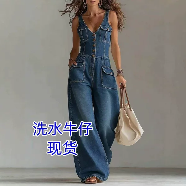 2026 Foreign Trade European and American Cross-Border Tight-Waist Washed Denim Jumpsuit Straight Loose Sleeveless Overalls