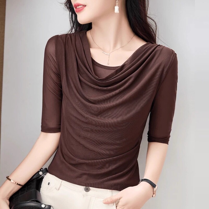 Summer Mesh Women's T-Shirt New Style 2026 Short-Sleeve Ruched Top Fashionable Slim-Fit Tummy-Covering Base Shirt Plus Size Blouse Summer Mesh Women's T-Shirt New Style 2026 Short-Sleeve Ruched Top Fashionable Slim-Fit Tummy-Covering Base Shirt Plus Size Blouse