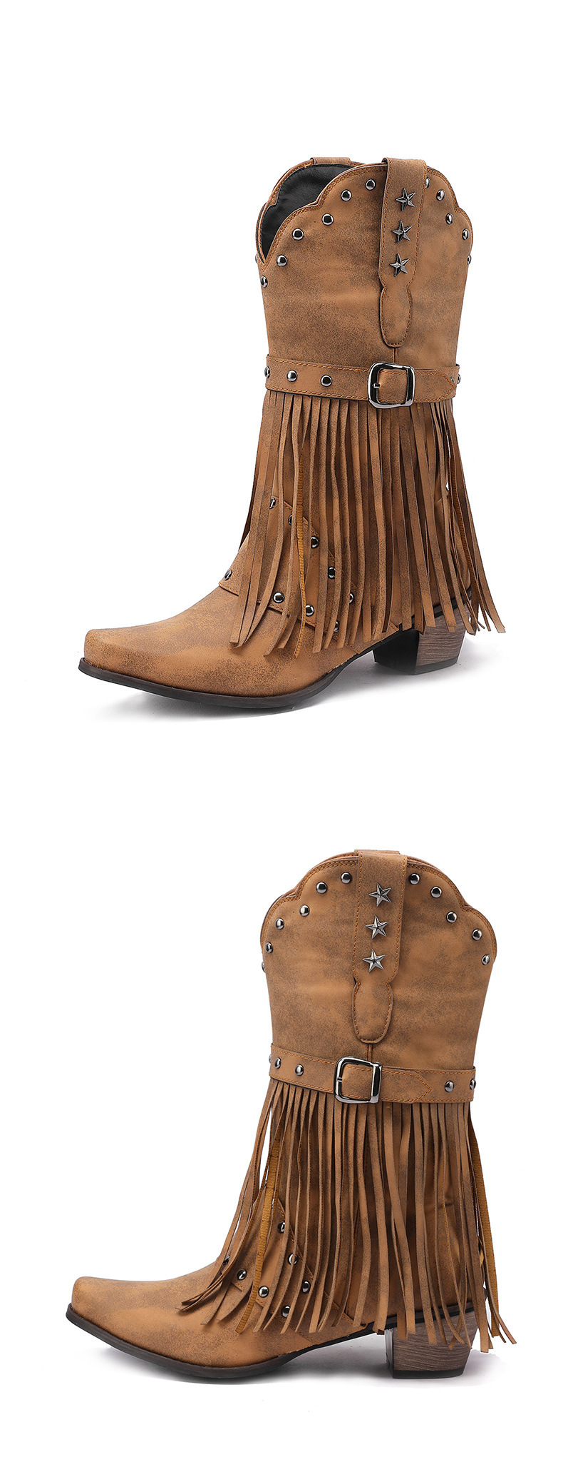 Western boots riveted belt buckle tassel mid-calf boots_voghion.com
