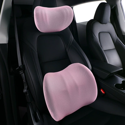 New Car Headrest and Neck: Waist support - grid-pink-floating-block-headrest-double-ridge-lumbar-support-set