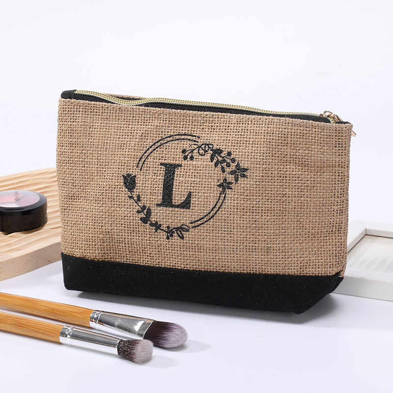 Portable jute zipper coin purse, letter printed makeup storage toiletry bag, key bag_voghion.com