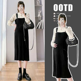 实拍孕妇毛衣裙2025秋冬孕妇背带裙假两件宽松百褶织连衣裙针