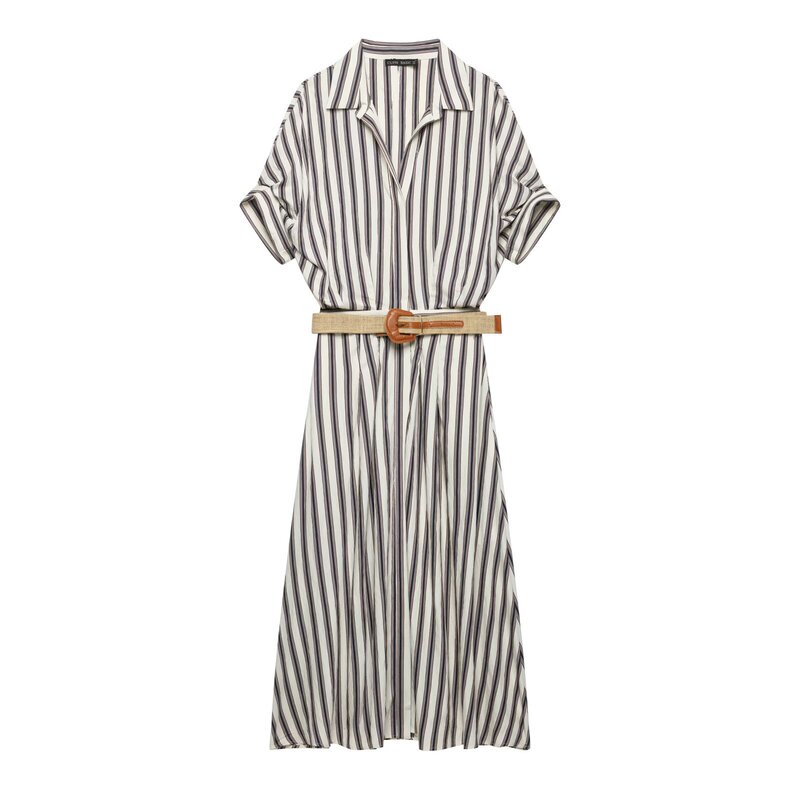 MYST&ZA women's autumn new short-sleeve striped midi dress with a turn-down collar and belt decoration 7933537