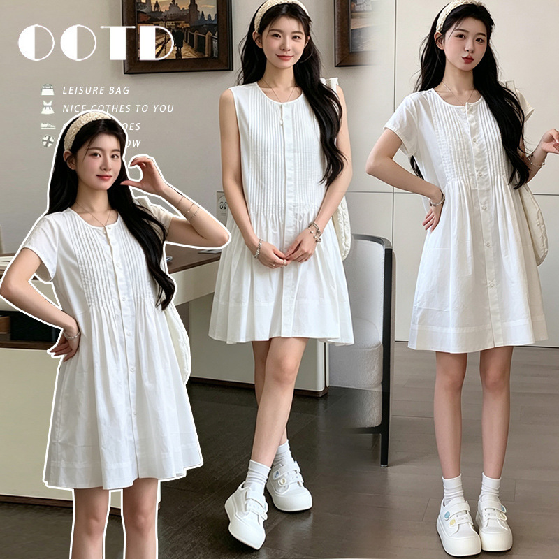 Maternity Wear Summer Fashion New Style Pleated Shirt Dress Korean Style Cotton Loose Design Sleeveless Short Dress