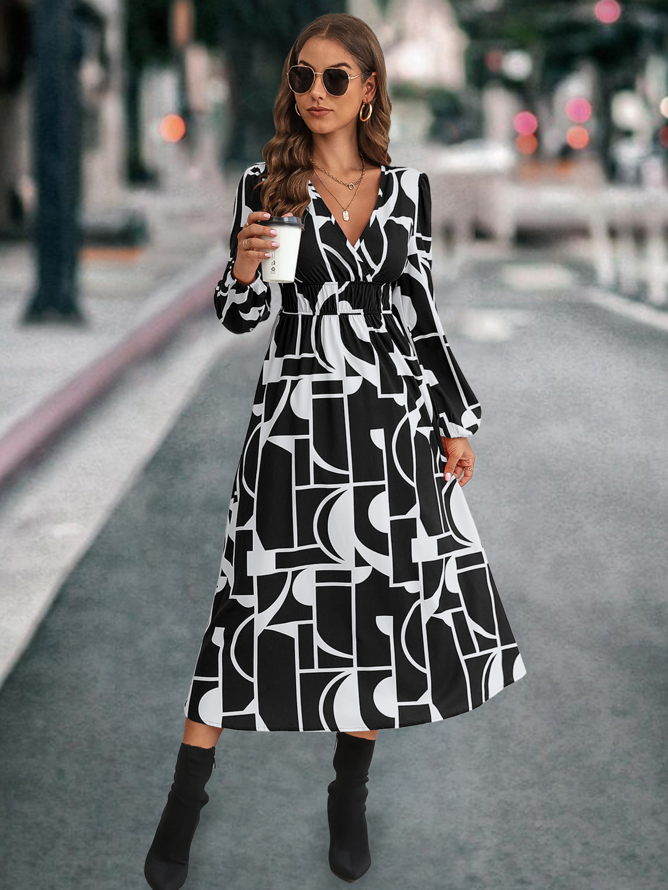 Robe imprimée à manches longues et col en V pour femmes, la plus vendue_voghion.com