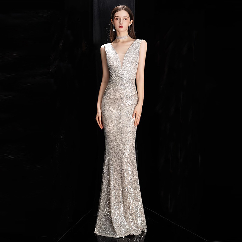 French Champagne-Colored Art Exam Evening Dress for Women 2026 Banquet Elegant Fishtail Dress Sexy Long Sequin Hostess Dress