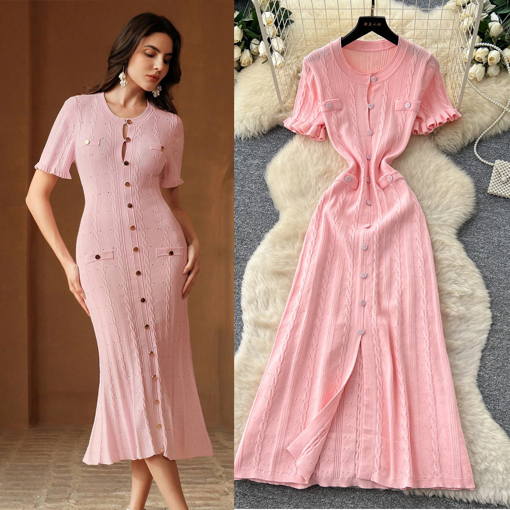 Women's Clothing Elegant Knit Tweed Dress With Front Buttons And Short Sleeves For Women_ecoleips.com