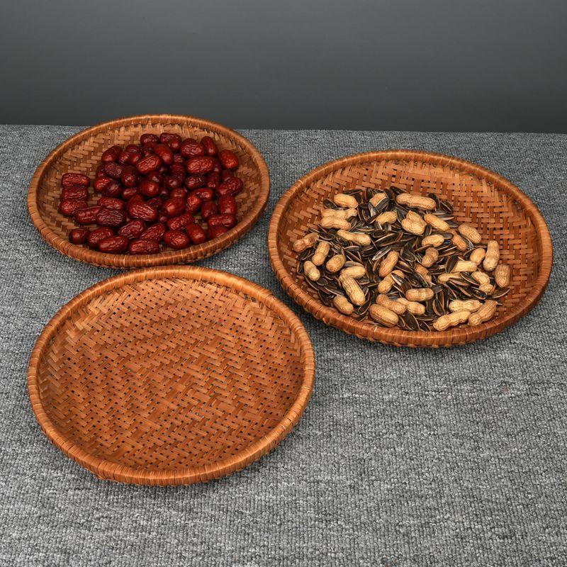 Bamboo Woven Round Dustpan for Farmhouse Use, Drying Tray with Holes, Fruit Tea Snack Bamboo Basket, Bamboo Tray, Fruit Plate, Retro Smoked