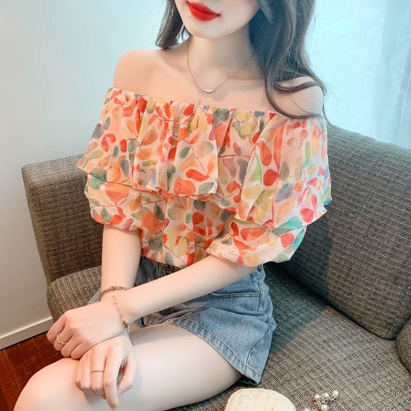 夏の新しいデザインバブル半袖ニッチトップミントワンショルダー甘い花柄シフォンシャツ女性用|undefined